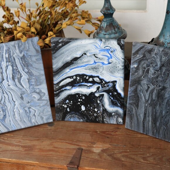 Set of Three Canvas Paintings * Set * Paint Pour * Blue / Black / White / Gray - Picture 6 of 7